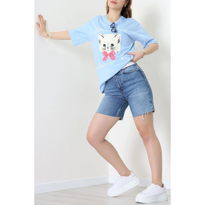 Baskılı Kompakt Penye Tişört Mavikrem1 - 55044.1872.