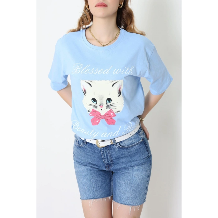 Baskılı Kompakt Penye Tişört Mavikrem1 - 55044.1872.