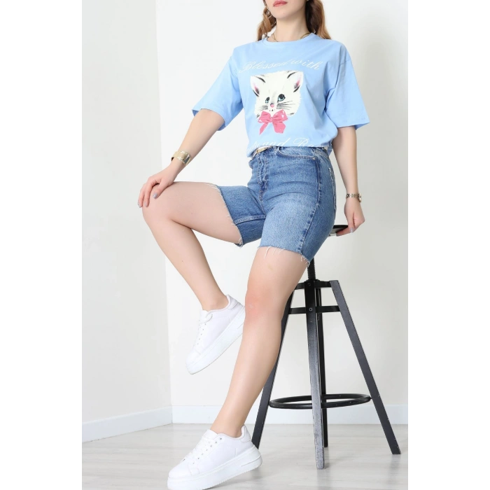 Baskılı Kompakt Penye Tişört Mavikrem1 - 55044.1872.