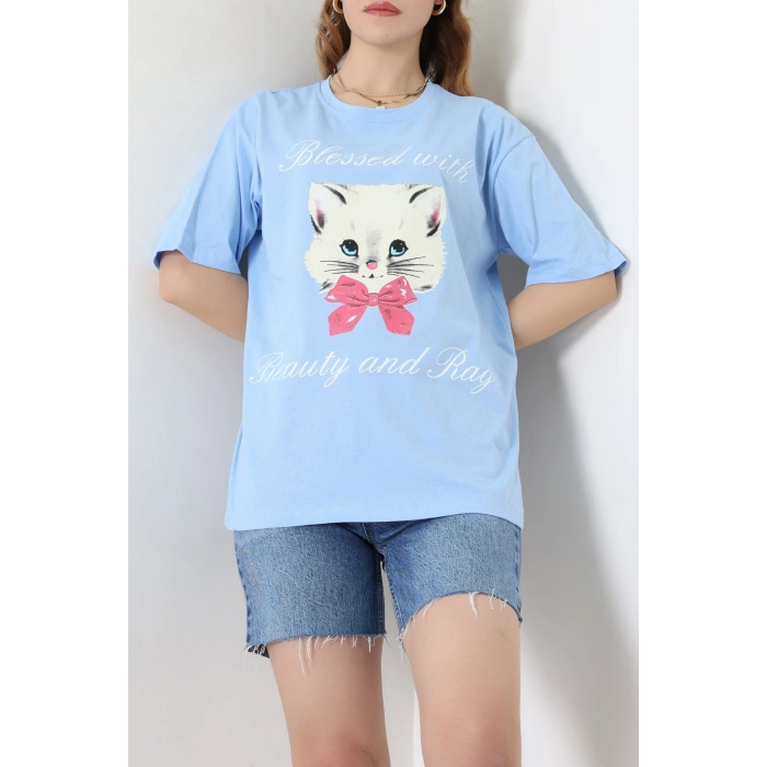 Baskılı Kompakt Penye Tişört Mavikrem1 - 55044.1872.