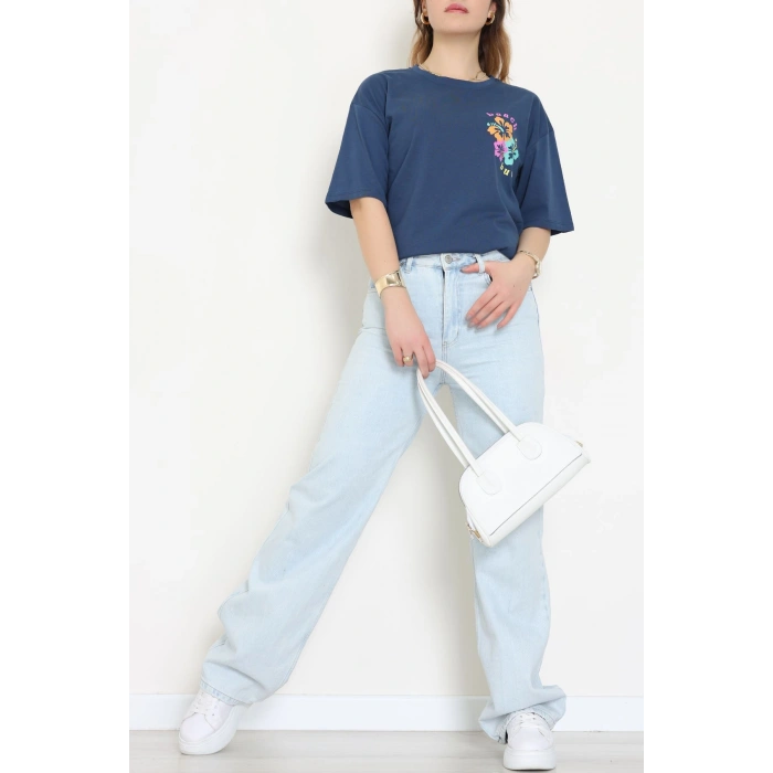 Baskılı Kompakt Penye Tişört Mavipembe - 55044.1872.