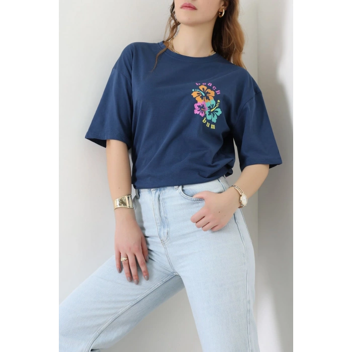 Baskılı Kompakt Penye Tişört Mavipembe - 55044.1872.