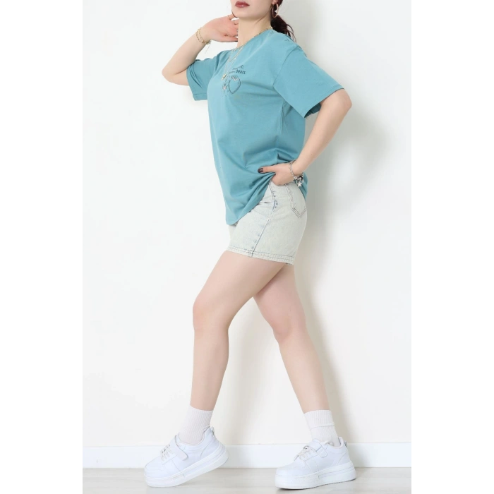 Baskılı Kompakt Penye Tişört Mint - 55044.1872.