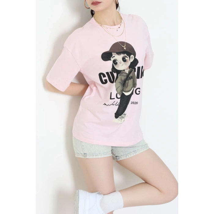 Baskılı Kompakt Penye Tişört Pembekahve - 55044.1872.