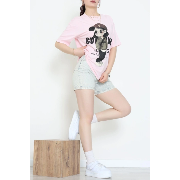 Baskılı Kompakt Penye Tişört Pembekahve - 55044.1872.