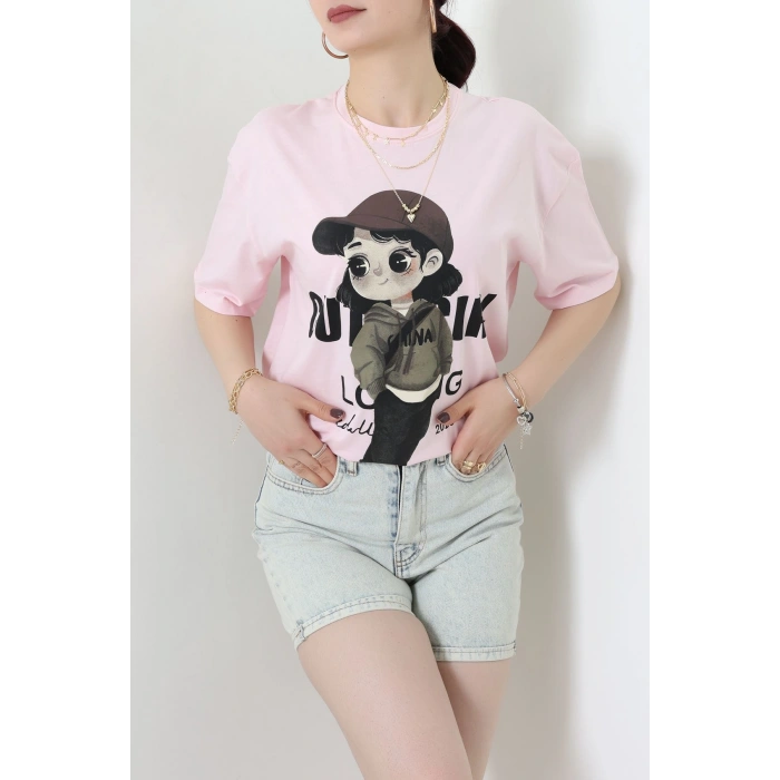 Baskılı Kompakt Penye Tişört Pembekahve - 55044.1872.