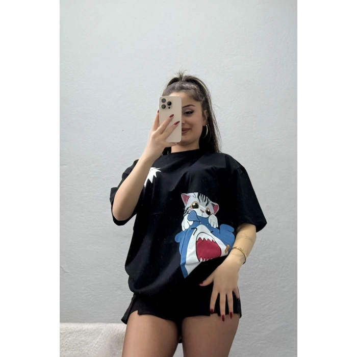 Baskılı Kompakt Penye Tişört Siyahgri - 55044.1872.