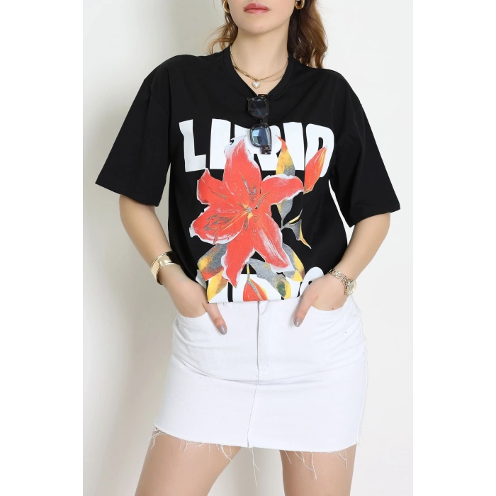 Baskılı Kompakt Penye Tişört Siyahkırmızı - 55044.1872.