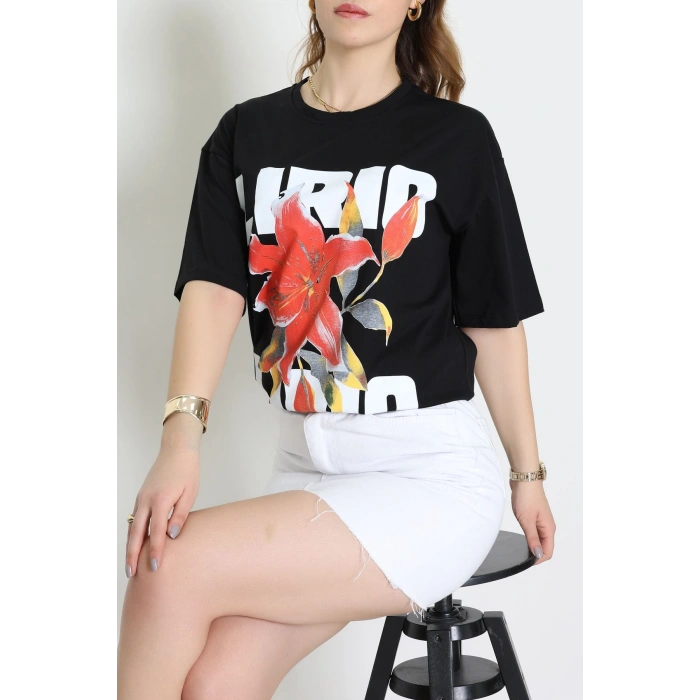 Baskılı Kompakt Penye Tişört Siyahkırmızı - 55044.1872.