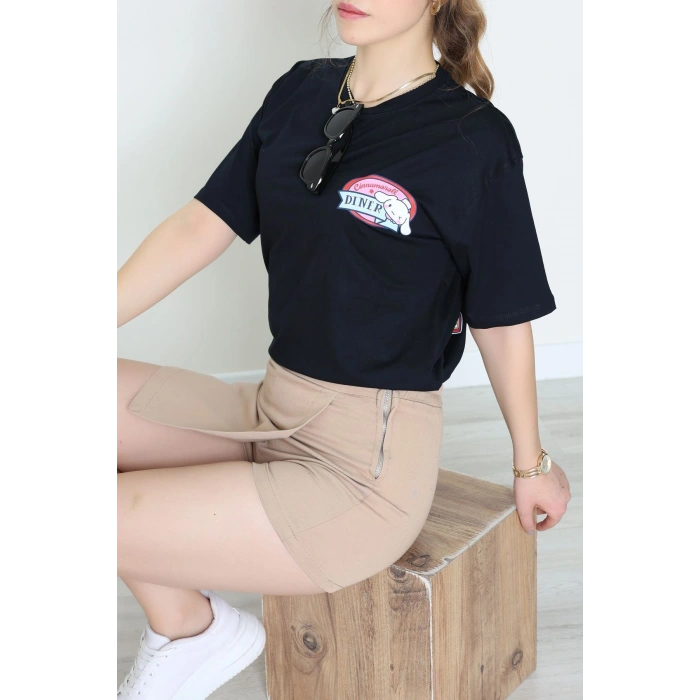 Baskılı Kompakt Penye Tişört Siyahmavi - 55044.1872.