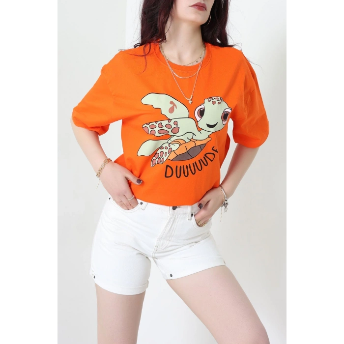 Baskılı Kompakt Penye Tişört Turuncu - 55044.1872.