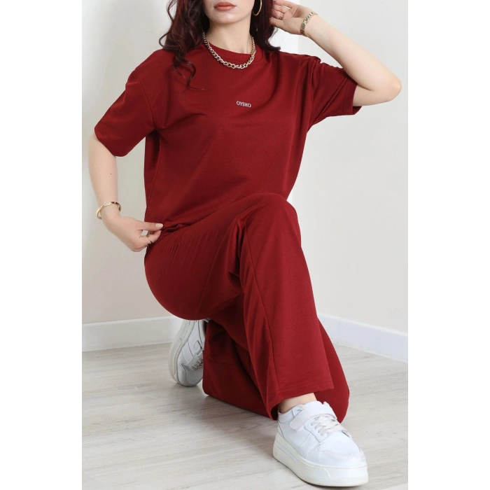 Baskılı Oversize İki İplik Wortex Takım Bordo - 80315.1878.