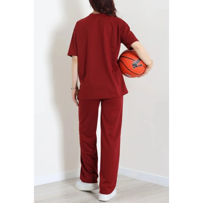 Baskılı Oversize İki İplik Wortex Takım Bordo - 80315.1878.