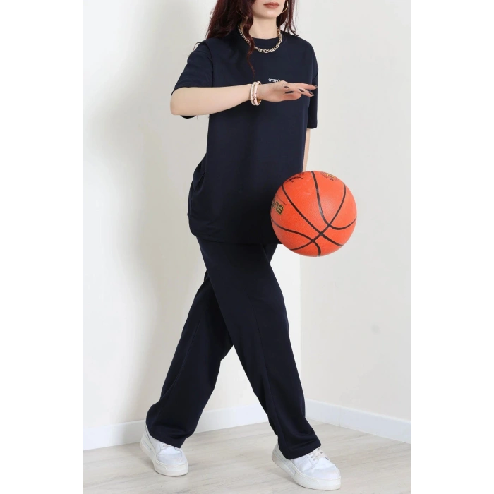 Baskılı Oversize İki İplik Wortex Takım Lacivert - 80315.1878.