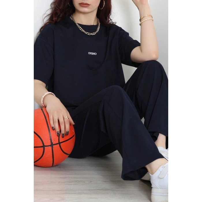 Baskılı Oversize İki İplik Wortex Takım Lacivert - 80315.1878.