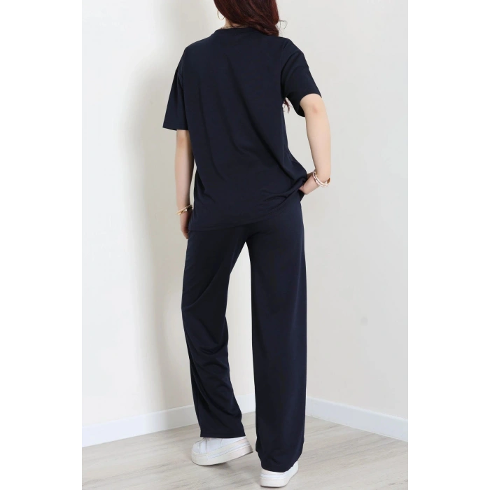 Baskılı Oversize İki İplik Wortex Takım Lacivert - 80315.1878.