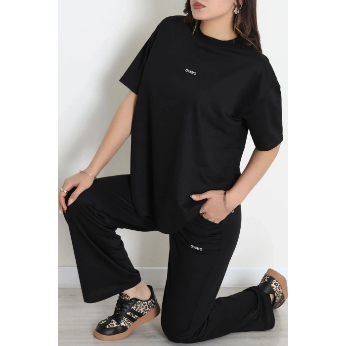Baskılı Oversize İki İplik Wortex Takım Siyah - 80315.1878.