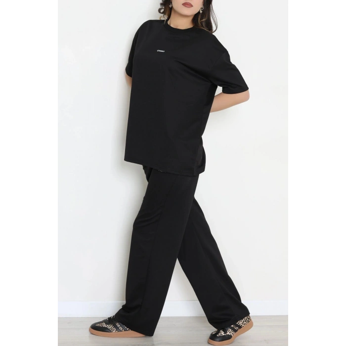 Baskılı Oversize İki İplik Wortex Takım Siyah - 80315.1878.