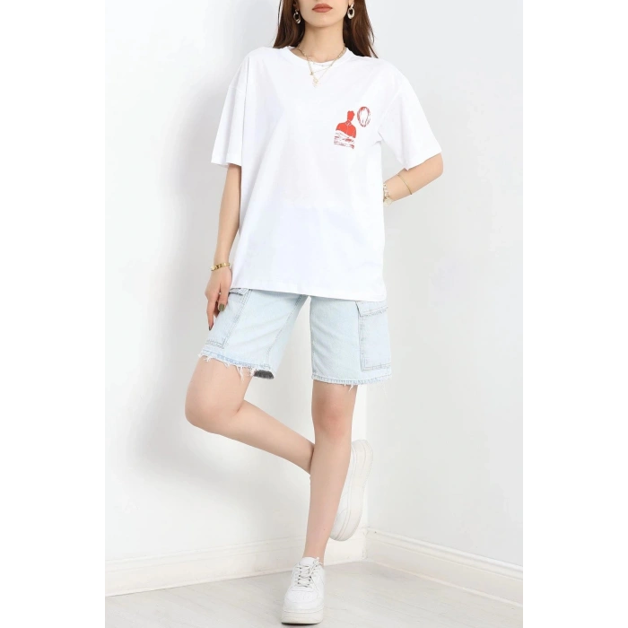 Baskılı Oversize Tişört Kırmızıbeyaz - 40649.1872.