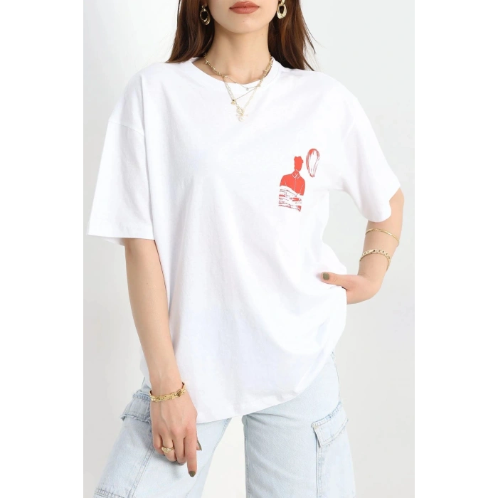Baskılı Oversize Tişört Kırmızıbeyaz - 40649.1872.