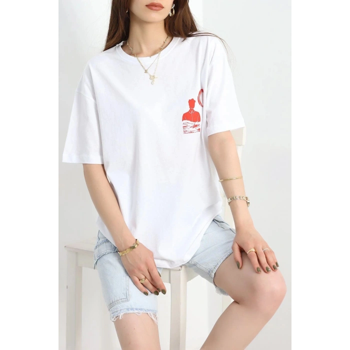 Baskılı Oversize Tişört Kırmızıbeyaz - 40649.1872.
