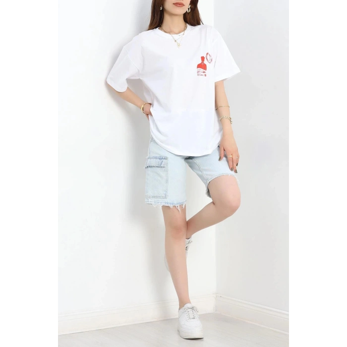 Baskılı Oversize Tişört Kırmızıbeyaz - 40649.1872.