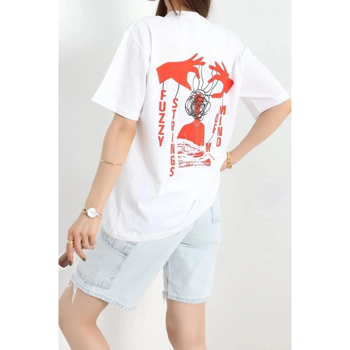 Baskılı Oversize Tişört Kırmızıbeyaz - 40649.1872.
