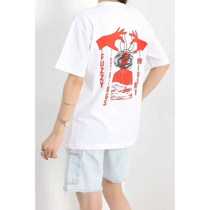 Baskılı Oversize Tişört Kırmızıbeyaz - 40649.1872.