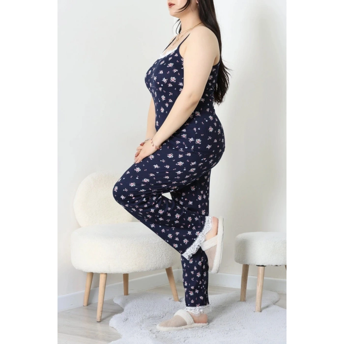 Battal İp Askılı Dantelli Alt Uzun Pijama Takım Laciçiçek - 169.1287.