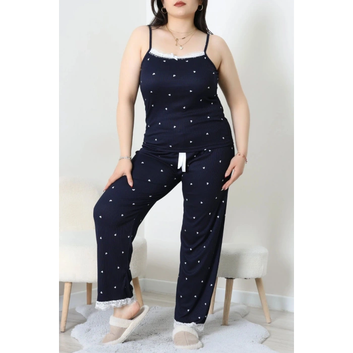 Battal İp Askılı Dantelli Alt Uzun Pijama Takım Lacivert - 169.1287.