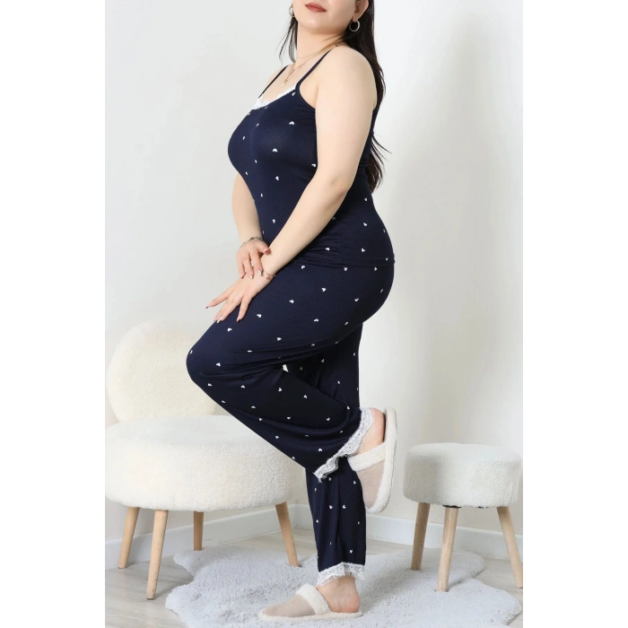 Battal İp Askılı Dantelli Alt Uzun Pijama Takım Lacivert - 169.1287.