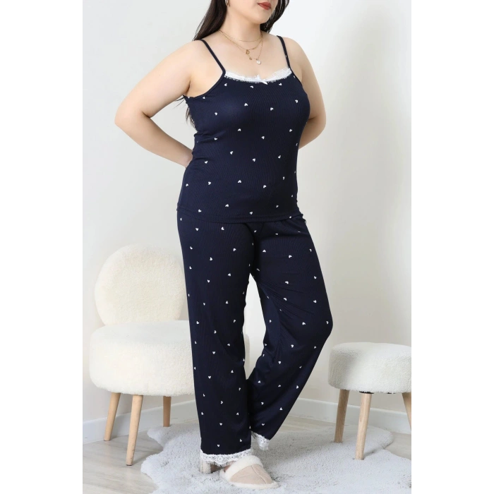 Battal İp Askılı Dantelli Alt Uzun Pijama Takım Lacivert - 169.1287.