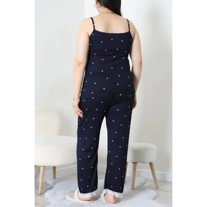 Battal İp Askılı Dantelli Alt Uzun Pijama Takım Lacivert - 169.1287.