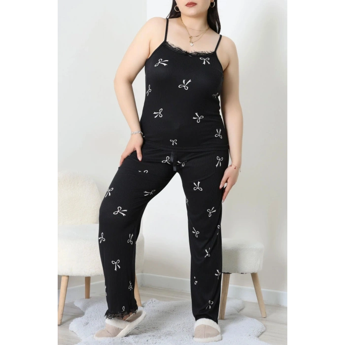 Battal İp Askılı Dantelli Alt Uzun Pijama Takım Siyahfiyonk - 169.1287.