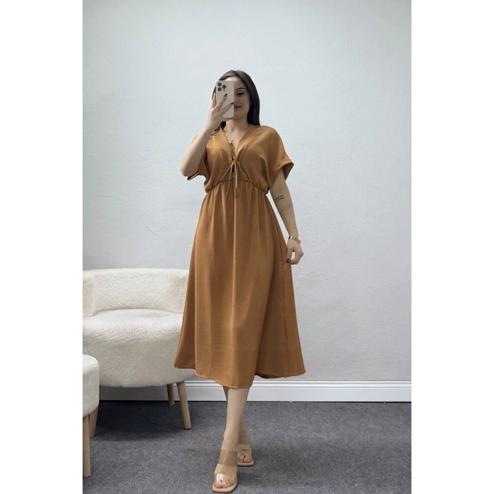 Bel Büzgülü Bağlama Detaylı Kısa Kol Ayrobin Elbise Camel - 71119.701.