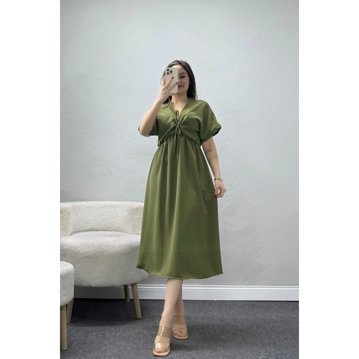 Bel Büzgülü Bağlama Detaylı Kısa Kol Ayrobin Elbise Haki - 71119.701.