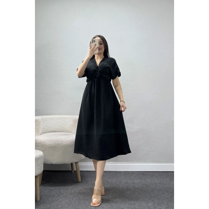 Bel Büzgülü Bağlama Detaylı Kısa Kol Ayrobin Elbise Siyah - 71119.701.