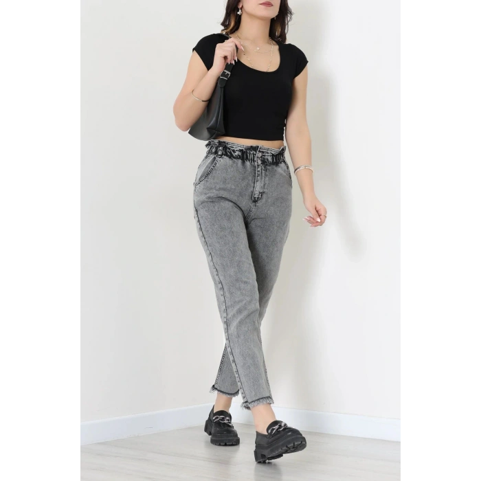 Bel Lastik Paça Püsküllü Mom Jean Füme - 405221.2141.