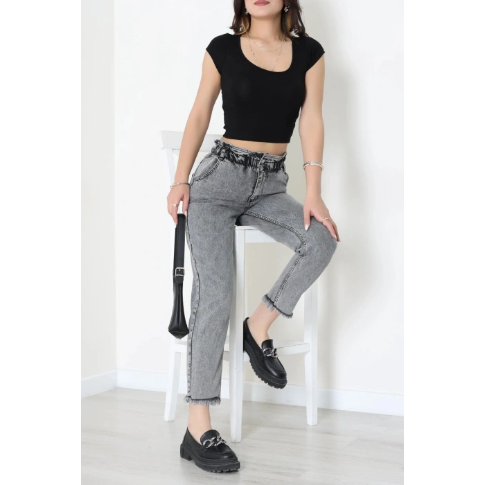 Bel Lastik Paça Püsküllü Mom Jean Füme - 405221.2141.