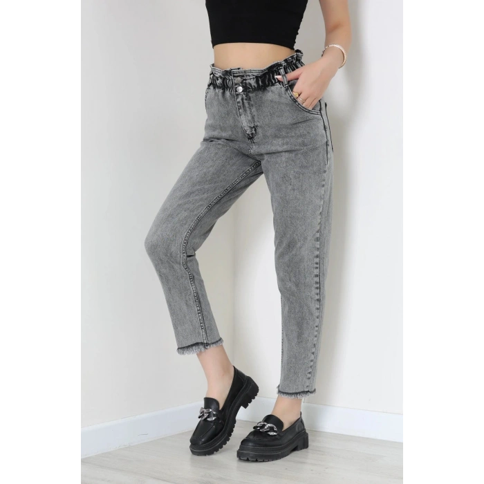 Bel Lastik Paça Püsküllü Mom Jean Füme - 405221.2141.