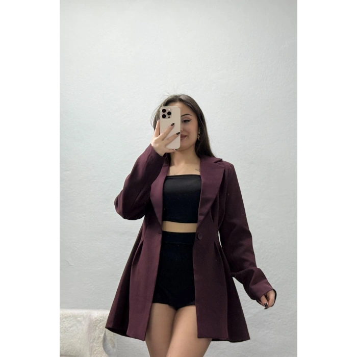 Belden Pensli Tek Düğme Blazer Ceket Mürdüm - 71437.1991.