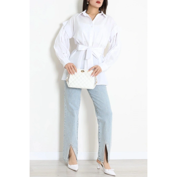 Beli İpli Poplin Gömlek Beyaz - 44062.255.