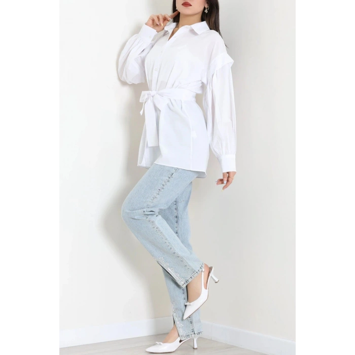 Beli İpli Poplin Gömlek Beyaz - 44062.255.