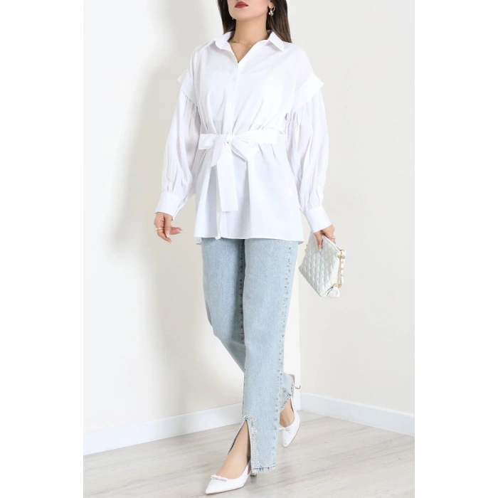 Beli İpli Poplin Gömlek Beyaz - 44062.255.