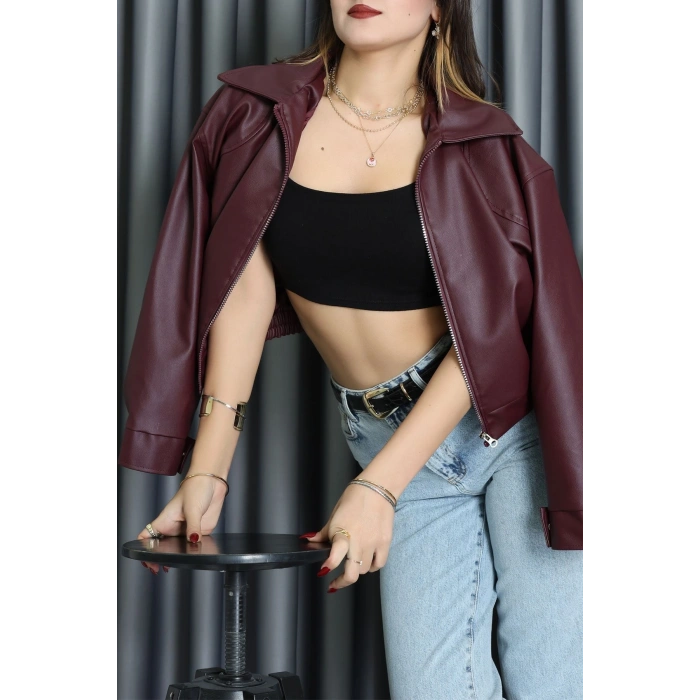 Beli Lastikli Deri Ceket Bordo - 31857.2089.