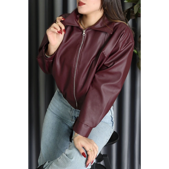 Beli Lastikli Deri Ceket Bordo - 31857.2089.
