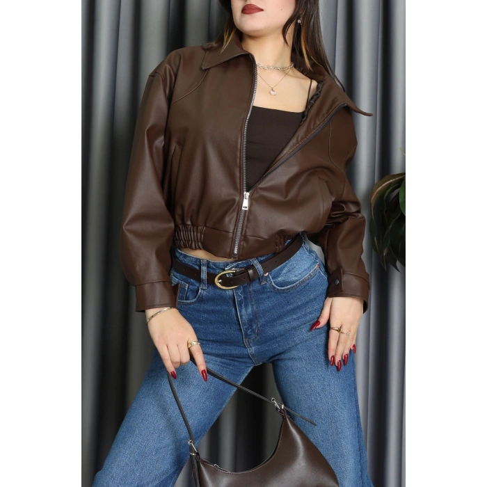 Beli Lastikli Deri Ceket Kahve - 31857.2089.