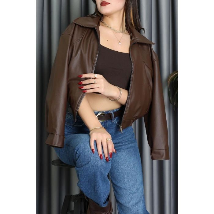 Beli Lastikli Deri Ceket Kahve - 31857.2089.