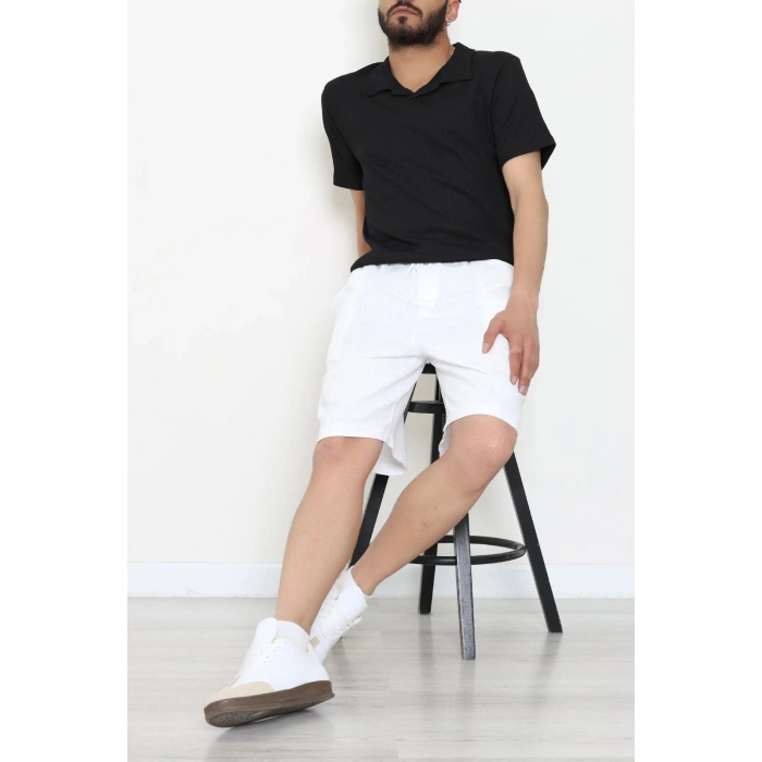 Beli Lastikli Keten Erkek Şort Beyaz - 71413.1837.