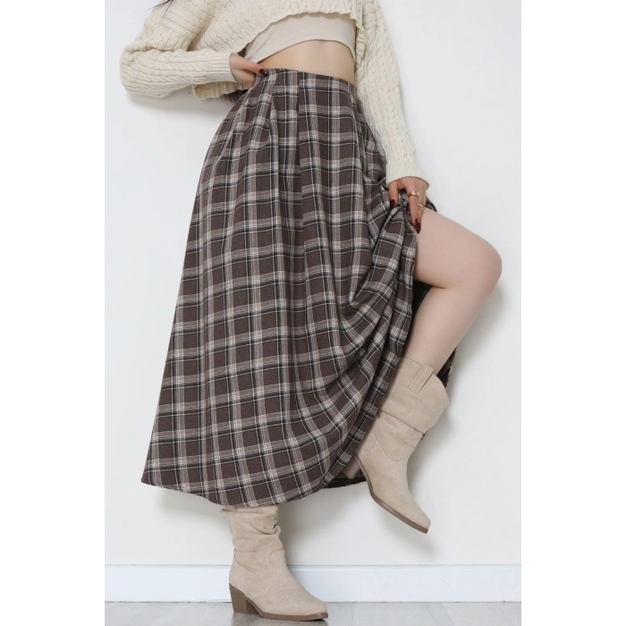 Beli Pileli Ekose Etek Kahve - 51257.1909.